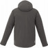 A dark grey insulated softshell jacket for men, featuring a hood and a branded logo.