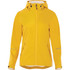 A women's rain jacket in a bright yellow colour with a hood and reflective details. It features a logo on the front.