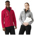 A red softshell jacket and a grey softshell jacket displayed on models, featuring logos and a stylish design.