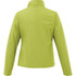 A women's softshell jacket in vibrant lime green, featuring a simple design and back collar. Includes branding.