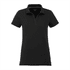 A black women's polo shirt with a collar, featuring short sleeves and a logo.