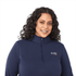 A navy quarter zip jacket for women with a logo, featuring a high collar and a stylish fit.
