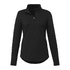 A black women's quarter zip jacket with long sleeves and a collar, featuring a small logo.