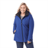 A women's soft shell jacket in blue, featuring a zip front, hood, and a logo on the arm.