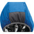 A women's packable insulated jacket with a blue exterior and grey accents, featuring a hood.