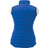 A women's down vest in vibrant blue with a sleek, padded design and a high collar. It features a logo.