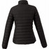 A women's puffer jacket in black, featuring a quilted design and a high collar. The jacket has a logo on the back.
