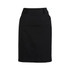 A black multi-pleat skirt with a fitted waistband, featuring a logo. Suitable for various occasions.