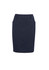 A dark navy multi-pleat skirt with a tailored fit and pockets. Features a branded logo on the waistband.
