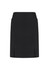 A black straight skirt featuring front pleat details and a classic design. It includes a branding logo.