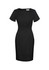 A black short sleeve shift dress with a fitted silhouette and a back zipper. Features include a branding logo.