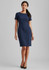 A fitted navy short sleeve shift dress on a model, featuring a classic round neckline and a sleek design.