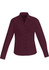 A burgundy women's long sleeve button-up shirt featuring a collar and a logo.