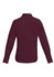 A burgundy long sleeve shirt, featuring a button-up design and a logo on the back.