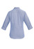 A light blue women's button-up shirt with 3/4 sleeves and a collar, featuring a logo on the back.