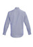 A blue long sleeve button-up shirt with a classic collar and buttoned cuffs, featuring a logo on the back.