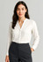 A white long sleeve blouse with a v-neckline and button-up design, paired with dark grey trousers.