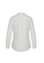 A white long sleeve blouse with a button-up design and a back pleat, featuring a subtle branding logo.