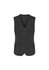A women's longline vest in black with a button-up front and two pockets. It features a logo branding.