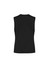 A black women's longline vest with a sleeveless design, featuring a simple and modern cut.