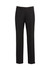 Black flat front pants with a regular fit, featuring a waist button closure and a subtle logo detail.