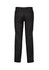 Flat front black slacks for men with a smooth design and two back pockets. Features a logo.