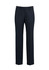 A pair of navy flat front men's pants displayed upright, featuring a logo and a tailored look.