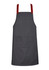 A dark grey apron with red straps and a front pocket, featuring a logo on one side.