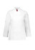 A white long sleeve chef jacket with a double-breasted design and a logo on the collar.