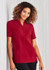 A burgundy women's tunic with a collar, short sleeves, buttons, and two front pockets. Features a logo.