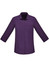 A purple women's 3/4 sleeve button-up shirt with a pocket and a collar. It has a logo on it.