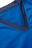 A close-up of a blue scrub top featuring a V-neckline with a contrasting dark blue trim.
