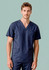 A navy scrub top featuring a v-neck design, short sleeves, and a chest pocket. The product includes a logo.