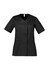 A black women's scrub top featuring a zip front and crossover design, with short sleeves and pockets.