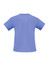A blue scrub top with short sleeves and a contrasting neckline, featuring a logo.