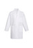 A white unisex classic lab coat with long sleeves and multiple pockets, featuring a logo.