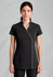 A black women's crossover tunic with short sleeves and white piping details, featuring a button closure.