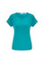 A teal women's short sleeve top with a v-neck design and a logo on the label.