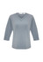 A grey women's 3/4 sleeve top with a crossover v-neck design and a logo.