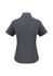A grey short sleeve button-up shirt with a collar and fitted design, featuring a branding logo.