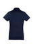 A navy women's short sleeve polo shirt with a classic collar and a logo on the front.