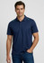 A navy blue men's short sleeve polo shirt with a subtle logo and green accents on the shoulder.