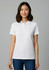 A white women's short sleeve polo shirt with a collar, featuring a logo on the chest.