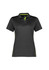 A women's short sleeve polo shirt in black with green accents and a logo.