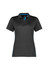 A women's short sleeve polo shirt in black with blue accents and a logo.