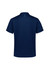 A navy blue short sleeve polo shirt featuring a logo and decorative details on the sleeves and back.