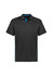 A black short sleeve polo shirt with turquoise accents and a logo on the chest.