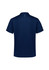 A navy blue men's polo shirt with short sleeves featuring a logo and decorative detailing on the back and sleeves.