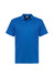 A bright blue short sleeve polo shirt featuring a collar and a logo.