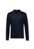 A navy long sleeve polo shirt with a collar and three-button placket. Features a logo on the chest.